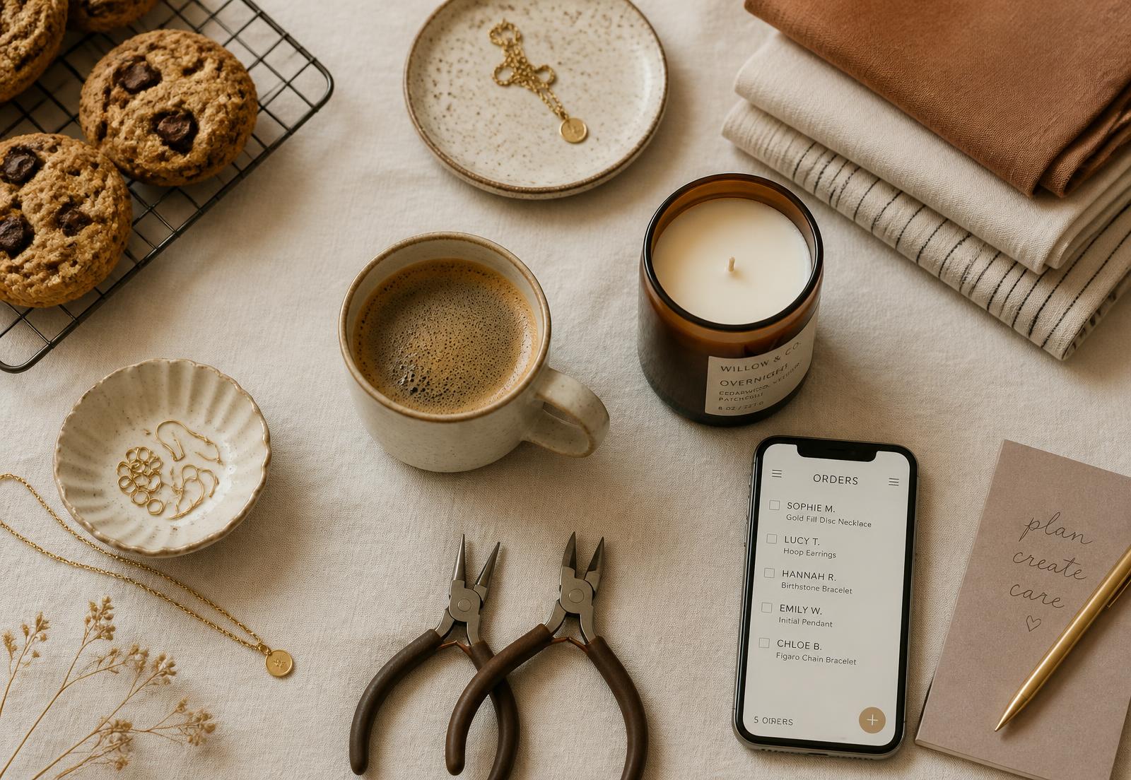 A maker's bench with baked goods, jewellery pliers, folded fabric, a poured candle, and a phone showing an order list